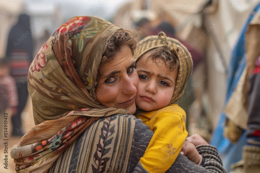 Mother Embraces Child Amidst Makeshift Refugee Camp at Dusk