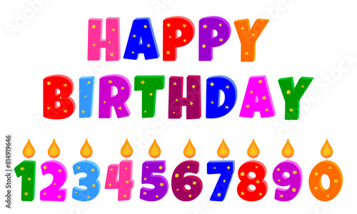 
Set of colored burning candles for a birthday cake. Happy Birthday 3D inscription with gold decor. Template for a greeting card.