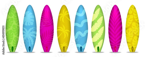 Set of 3D color surfboards on transparent background. Vector illustration. Sport and relax