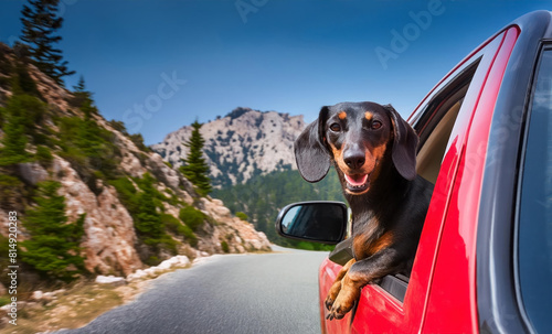 Dachshund Dog Looks out of a Red Pickup on a Mountain Road. AI Generated