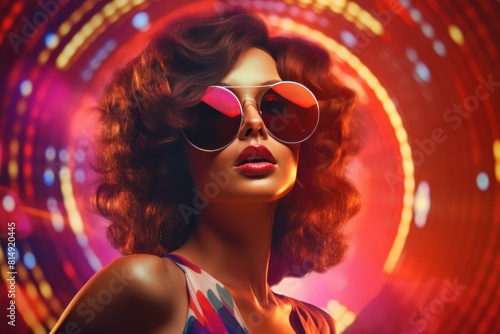 Stylish woman in oversized sunglasses posing with dramatic lighting and vibrant colors