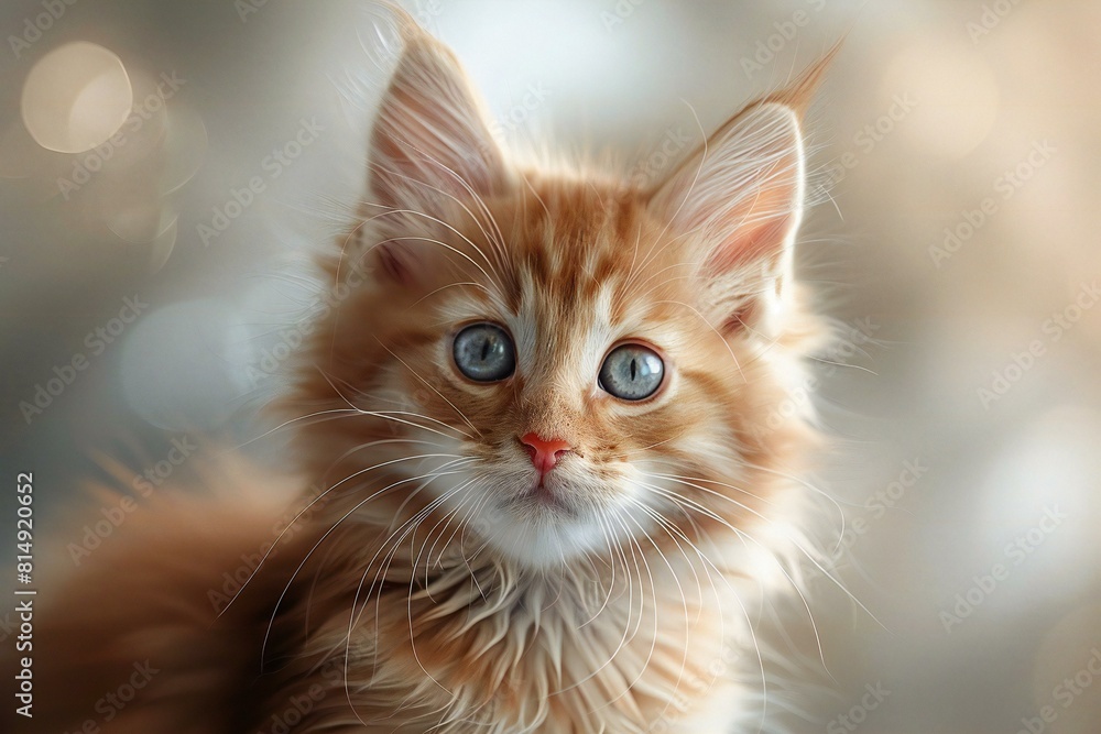Cute ginger kitten with blue eyes on blurred background, closeup