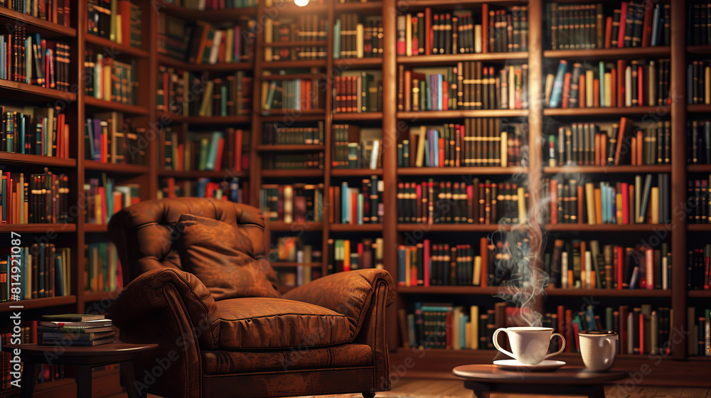 Classic reading nook with leather armchair and steaming coffee amidst overflowing bookshelves, intellectual retreat Classic reading nook with leather armchair and steaming coffee amidst overflowing bookshelves, intellectual retreat