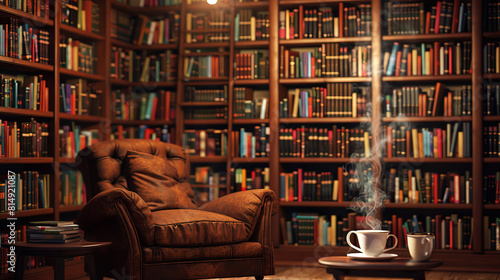 Classic reading nook with leather armchair and steaming coffee amidst overflowing bookshelves, intellectual retreat