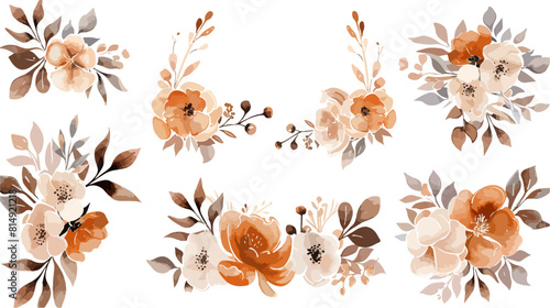 Brown and orange floral bouquet collection with watercolor
