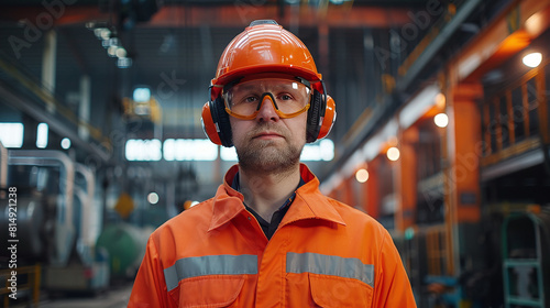 Worker wearing safety headphones indoors. ai generative.