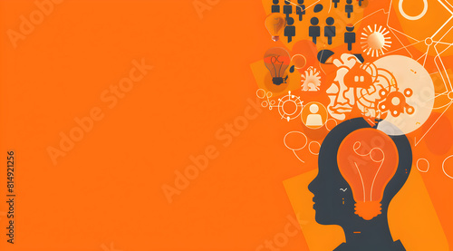 A bright orange background with a head and a light bulb on it