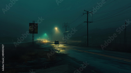A desolate stretch of highway, abandoned vehicles littering the roadside, their headlights casting eerie beams into the darkness on a horror night.