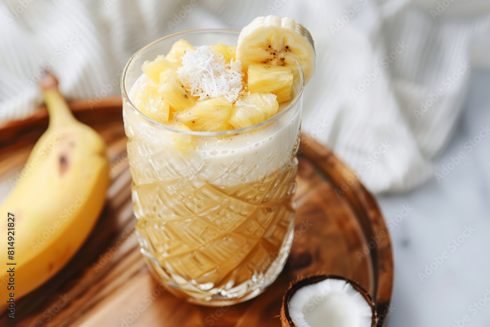 Tropical pineapple cocktail served in a fancy glass on a bed tray, adorned with pineapple slice and crushed nuts Tropical pineapple cocktail served in a fancy glass on a bed tray, adorned with pineapple slice and crushed nuts