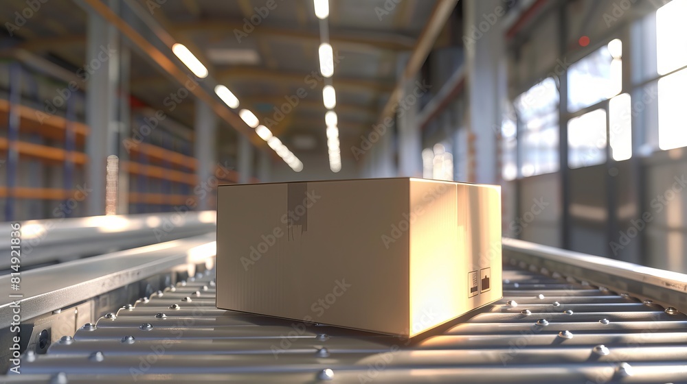 A box moves along a conveyor roller in this 3D rendering.