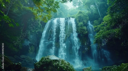 Mesmerizing Timelapse of a Cascading Waterfall Amid Lush Tropical Greenery