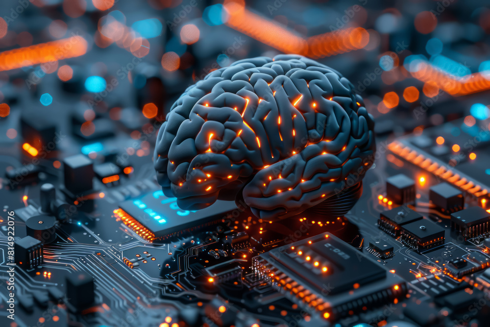 Fototapeta premium Human brain as central processor on a motherboard, concept of merging biology with technology, in vibrant blue and orange