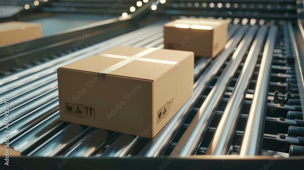 A box moves along a conveyor roller in this 3D rendering. A box moves along a conveyor roller in this 3D rendering.