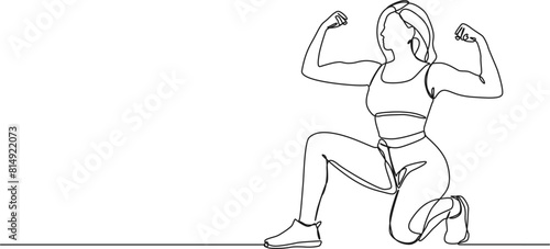 continuous single line drawing of woman flexing arm muscles, line art vector illustration