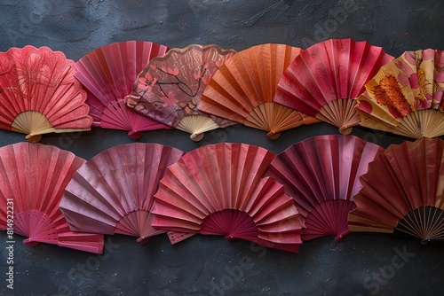 A variety of red folded fans arranged in a row  high quality  high resolution