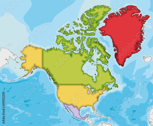 Blank Political North America Map vector illustration with different colors for each country. Editable and clearly labeled layers.