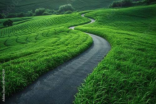 The image consists of an aerial shots of an aerial road surrounded with green grass