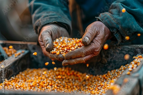 Closeup of hands holding corn kernels, pouring them into the blend for silage on an outdoor farm background