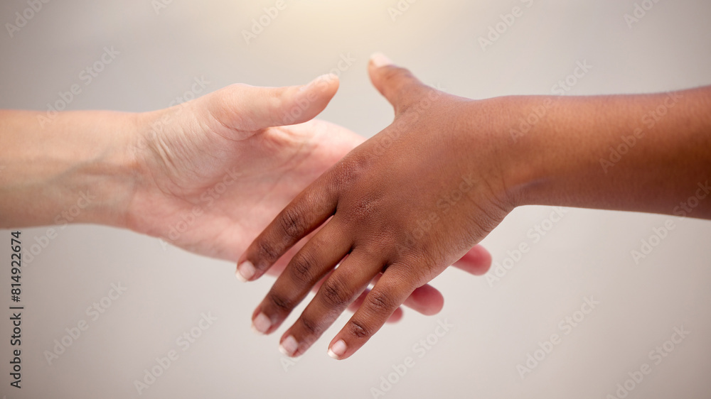 Fototapeta premium People, handshake and deal support or agreement on white background or reparation, resolution or society. Community, respect and political teamwork with partnership or global change, friends or peace