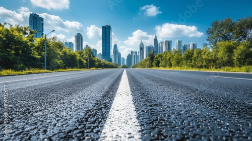 A clear view down a smooth highway leading towards a modern city skyline under bright blue skies, capturing the essence of urban progress and connectivity. photo