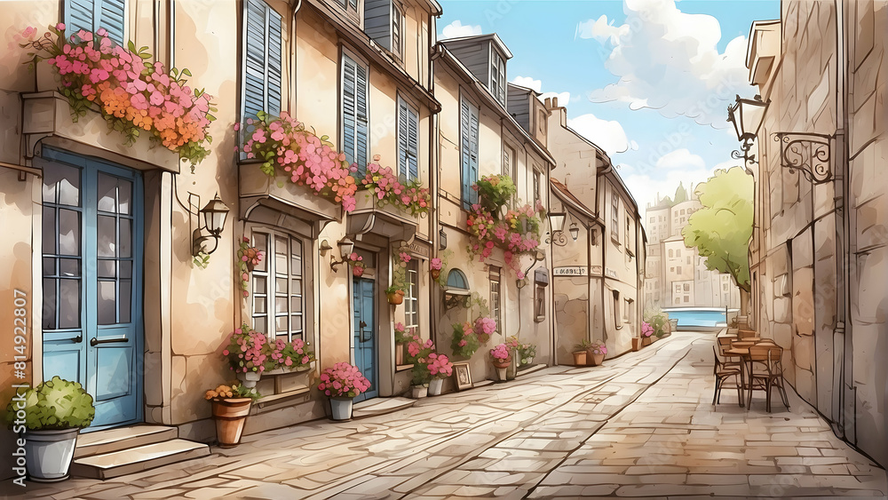 Fototapeta premium A picturesque illustration of a sunny European street lined with colorful buildings and blooming flowers