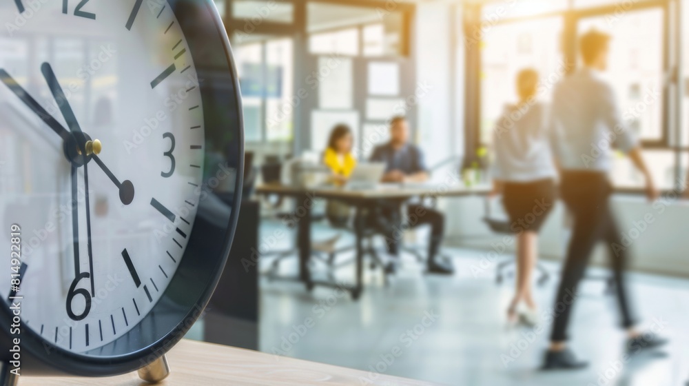 custom made wallpaper toronto digitalA clock displays the time with motion-blurred individuals bustling in the office background, suggesting a hectic workday atmosphere.