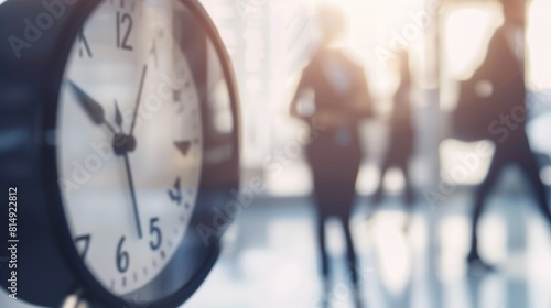 A clock displays the time with motion-blurred individuals bustling in the office background, suggesting a hectic workday atmosphere.