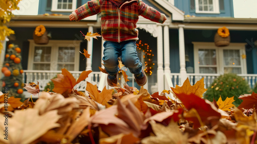 Young boy joyfully jumping into a pile of autumn leaves in front of a decorated house, festive fall activity