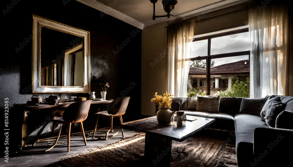 Modern home living room interior with table and chairs, window, Mockup frame Modern home living room interior with table and chairs, window, Mockup frame