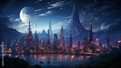The image is a beautiful depiction of a futuristic city
