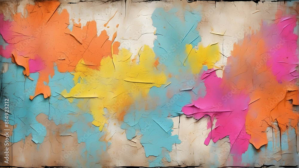 An abstract composition with peeling paint textures in a rainbow of colors on a distressed wall