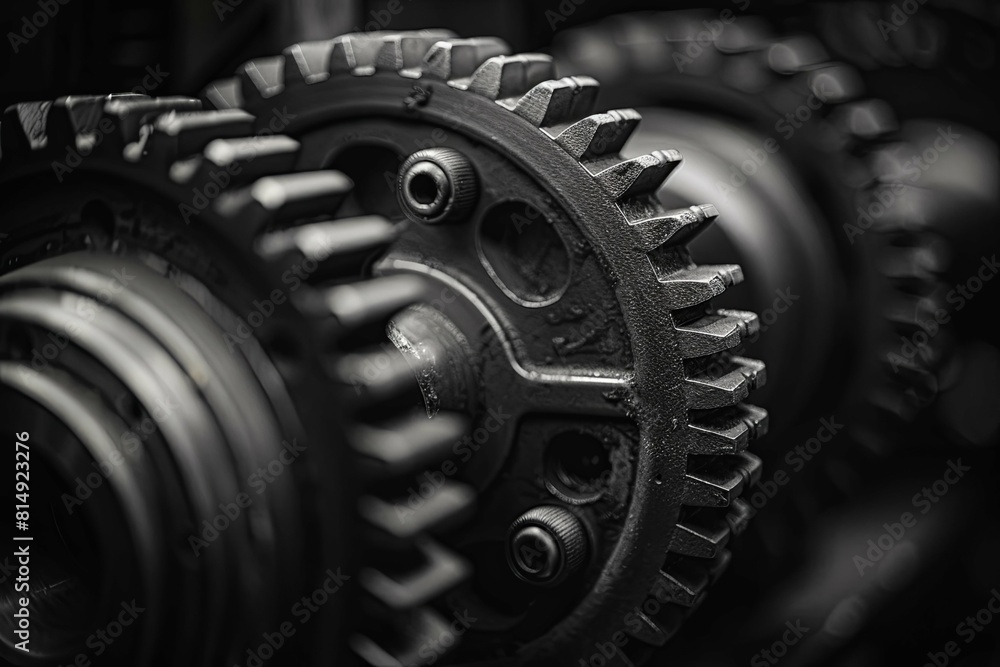Closeup of gears working together in motion, blurred background, monochrome, industrial concept for design projects, black and white, grainy texture, depth of field Closeup of gears working together in motion, blurred background, monochrome, industrial concept for design projects, black and white, grainy texture, depth of field