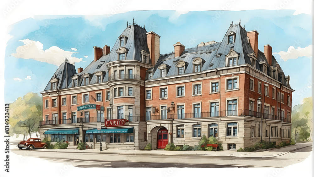 Fototapeta premium Detailed illustration of a traditional building with clear blue sky and street elements in a classic style