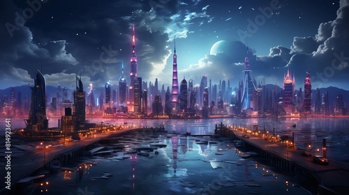 The photo shows a futuristic city with skyscrapers and a river in the center. The sky is dark and cloudy.