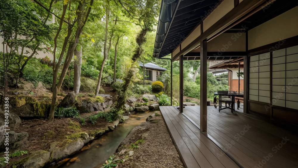 Naklejka premium japanese modern house in the garden
