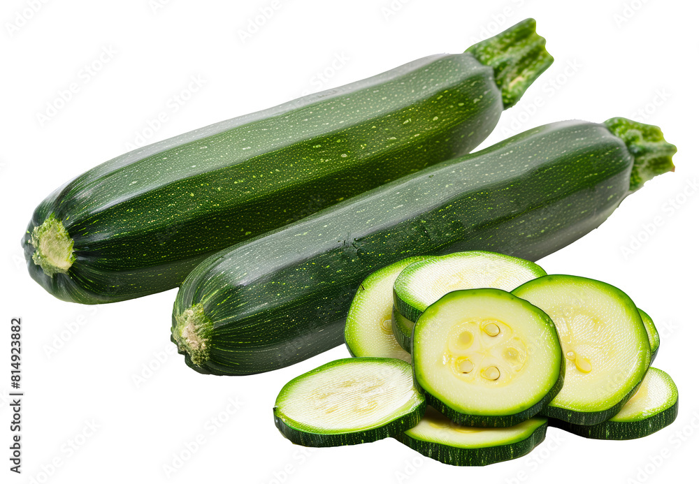Fresh green zucchini and slices isolated on transparent background png Fresh green zucchini and slices isolated on transparent background png