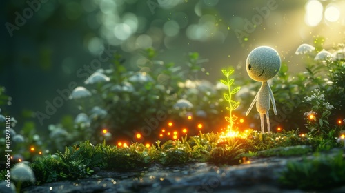 Enchanting forest scene with a whimsical figure nurturing a young plant  surrounded by glowing lights and mushrooms under a sunlit canopy.