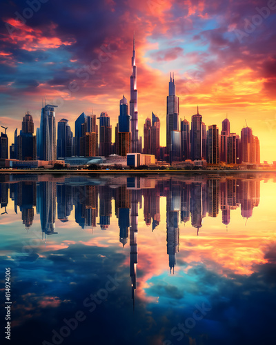 A breathtaking view of a vibrant city skyline at sunset, with colorful skyscrapers reflecting in the water