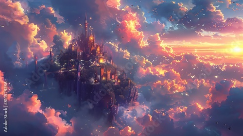 An enchanted castle floating in the sky  surrounded by fluffy clouds and magical creatures