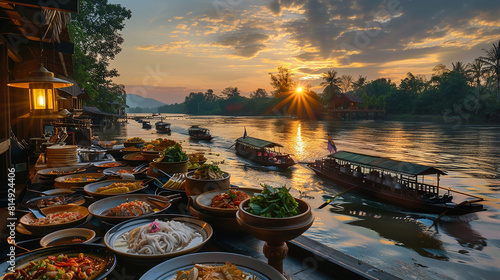 A serene riverscape illuminated by the gentle light of dawn, where a floating kitchen serves up fragrant bowls of Thai noodles, each dish a masterpiece against the natural backdrop. photo