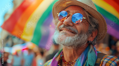  Stylish mature man celebrating pride parade with rainbow flag at city street. 