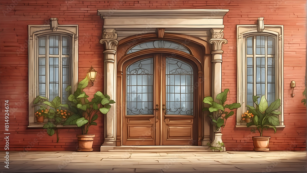 Beautiful illustration of a classic entrance with wooden door, plants, brick wall, and windows