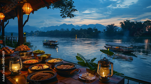 A serene riverscape illuminated by the gentle light of dawn, where a floating kitchen serves up fragrant bowls of Thai noodles, each dish a masterpiece against the natural backdrop. photo