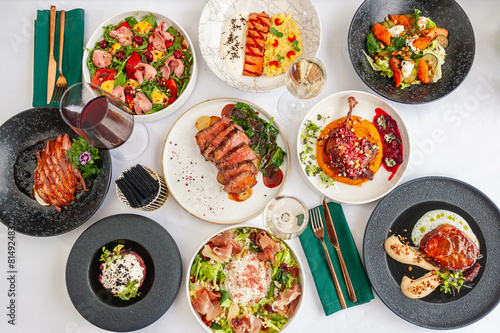 Meat dishes. Plates of various meat. Non vegetarian food banner. Top view.