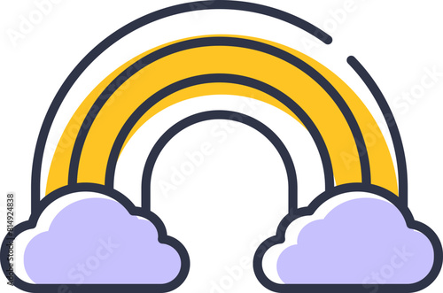 Cute rainbow icon with clouds with yellow and purple color decoration, graphic outline design
