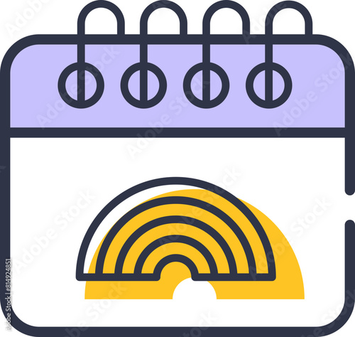 Calendar icon with rainbow symbol, outline graphic design with yellow and purple color decoration
