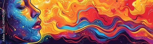 Retroinspired colorful background with a melting cartoon face, suitable for unique and artistic expressions photo