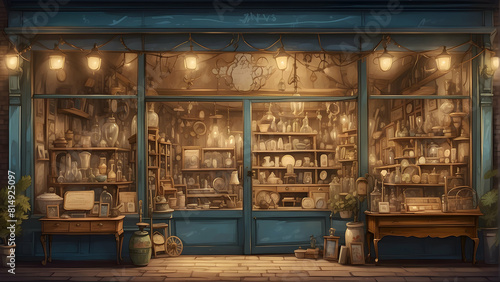 A beautifully illustrated nighttime scene of a cozy, vintage-style antique shop with warm lighting