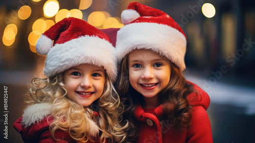 Smiling cute 5-6 years old Caucasian girls in Santa hats in the street outdoor  bokeh background  selective focus.