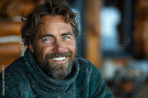 Featuring a man with a beard smiling, high quality, high resolution